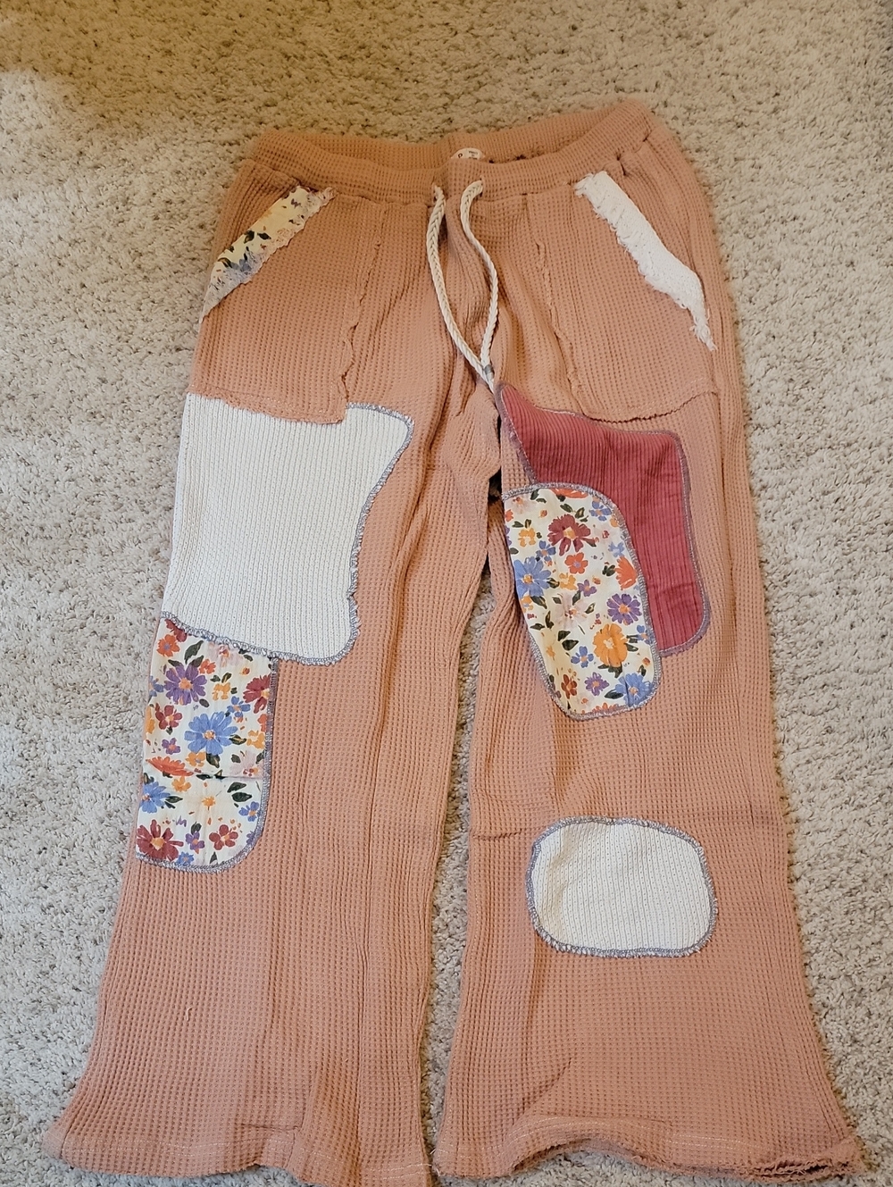 POL Peach Waffle Joggers with Floral Patchwork NWT